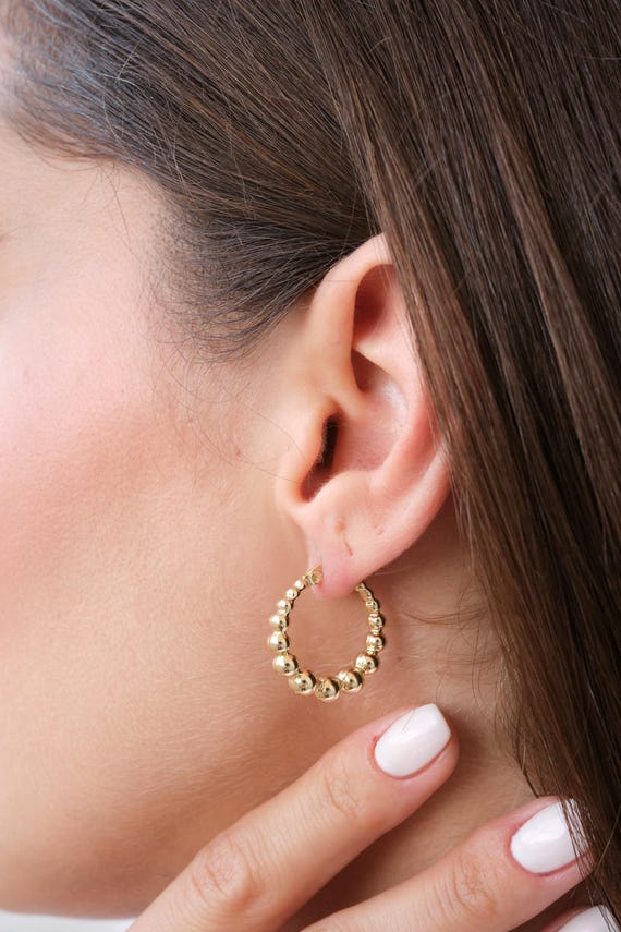 14K Gold Beaded Hoop Earrings, Classic Gold Hoop Earrings, Everyday Gold Hoops, Timeless Real Gold Earrings Gift for Her