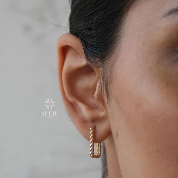 14K Gold Rectangle Rope Earrings, Twisted Stone Hoop Earrings, Tiny Spiral Dainty Earring, Dainty Delicate Gift For Her, Mothers Day Gift
