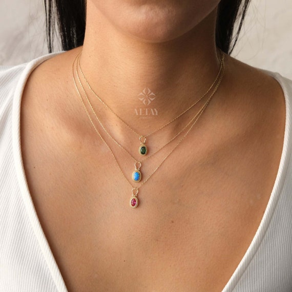14K Gold Birthstone Necklace, Oval Shape Opal Pendant, Dainty Custom Gold Necklace, Layering Gemstone Necklace, Emerald Stone Moms Gift