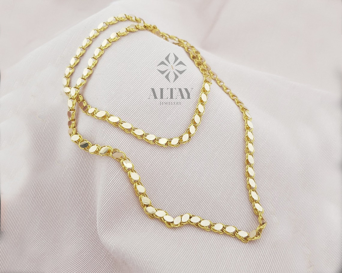 14k Solid Gold 4mm Mirror Chain Fancy Necklace Gift For Her Etsy