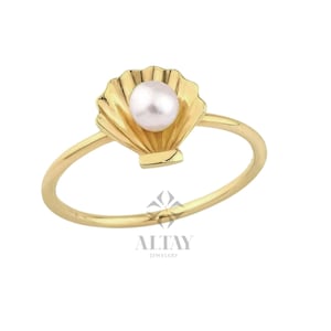 14K Gold Seashell Pearl Ring, Gold Shell Ring, Dainty Gold Bridesmaid ...