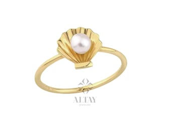 14K Gold Seashell Pearl Ring, Gold Shell Ring, Dainty Gold Bridesmaid Ring, Gift For Her, Charm Ring,Minimal Fashion Summer Jewelery
