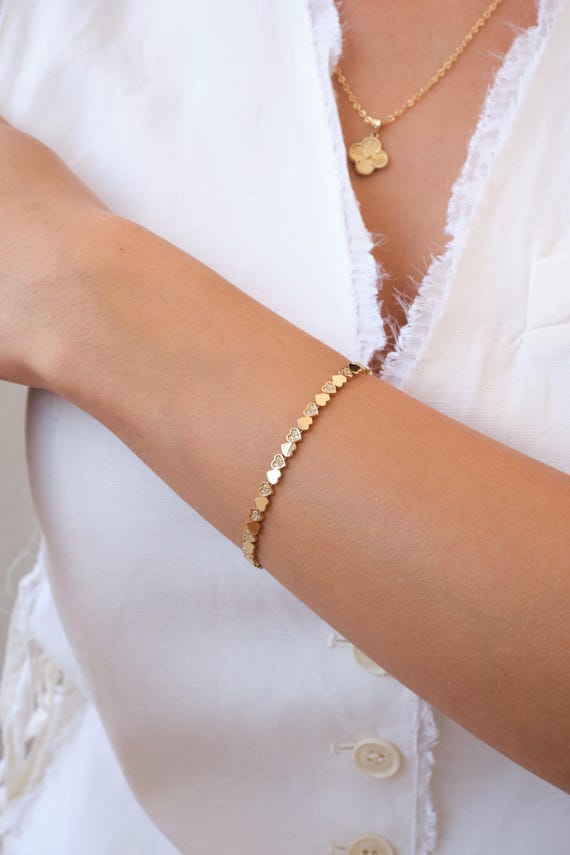 14K Gold Heart Bracelet, 3mm Minimal Dainty Gold Bracelet, Heart Charm Jewelry Gift for Her