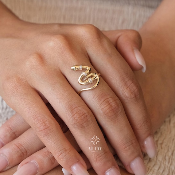 14K Gold Snake Ring, Snake Band, Open Serpent Jewelry, Dainty Stacking Animal Rings, CZ Snake Style Band, Open Band Statement Wrap Band Ring