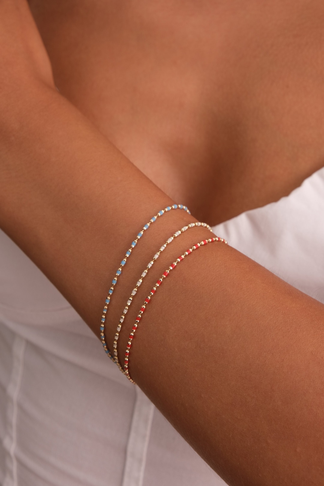 14K Gold Beaded Chain Bracelet, Italian Ball Bead Bracelet, Layering ...