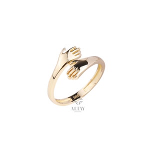 14K Gold Hug Ring, Engraved Love Hugging Hands Ring, Dainty Hug Gold ...