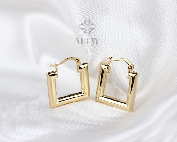 14K Gold Square Hoop Earring, Gold Geometric Huggie, Rectangle Hoop Huggie Earring, Minimal Everyday Huggie Earring, Stacking Hoop Huggie