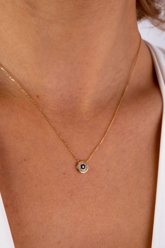 14K Gold Evil Eye Necklace, Coin Third Eye Necklace, Medallion Eye Necklace, Turquoise Stone Charm, Protection Layering Charm Necklace