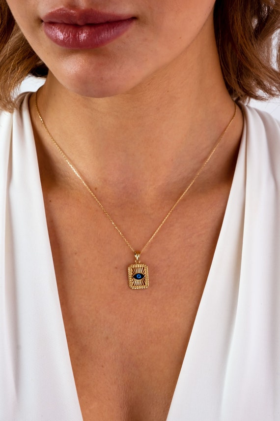14K Evil Eye Necklace, Rectangle Evil Eye Pendant, Square Block Hamsa Pendant, Evil Eye Medallion, Gold Necklace for Women, Nazar Necklace