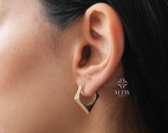 14K Gold Edge Huggie Hoop Earrings, 15mm Hoop Earrings, Geometric Chunky Earrings, Unique Angular Hoop, Edge Dome Huggies, Sparkling Earring
