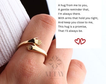 14K Gold Hug Ring, Engraved Love Hugging Hands Ring, Dainty Hug Gold Ring, Couple Love Hugging, Simple Handmade Ring, Two Hand Custom Ring