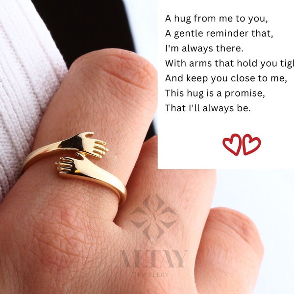 14K Gold Hug Ring, Engraved Love Hugging Hands Ring, Dainty Hug Gold Ring, Couple Love Hugging, Simple Handmade Ring, Two Hand Custom Ring