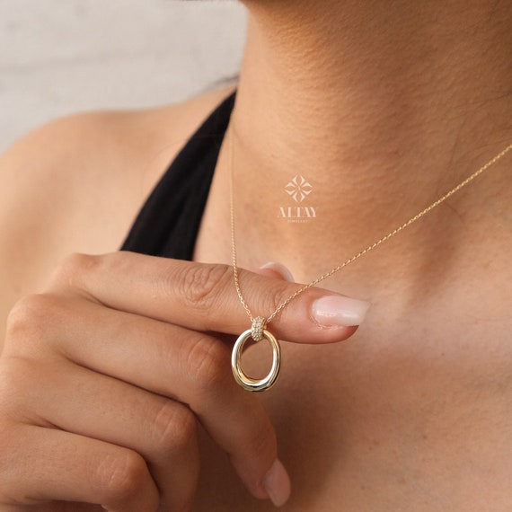 14K Gold Open Oval Necklace, Tear Drop Pendant Necklace, Open Circle Necklace,  Forever Love Necklace, Open Coin Statement Medallion Charm