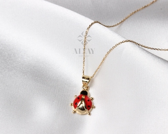 Gold Ladybug Pendant Necklace, 14K Gold Dainty Animal Layering Choker, Minimal Everyday Jewelry, Enamel Red Good Luck Charm, Gift for Her