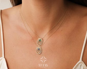 14K Gold Birthstone Necklace, Oval Shape Opal Pendant, Dainty Custom Gold Necklace, Layering Gemstone Necklace, Emerald Stone Moms Gift