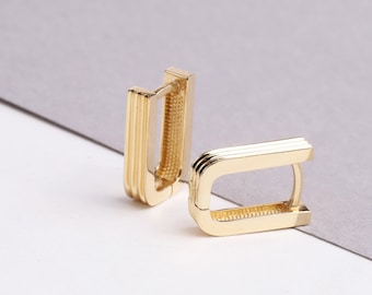 14K Gold Ribbed Rectangle Earrings, Oblong Rectangle Hoop Earrings, Chunky Rectangle Earrings, Minimalist Huggie, Rectangle Geometric Link