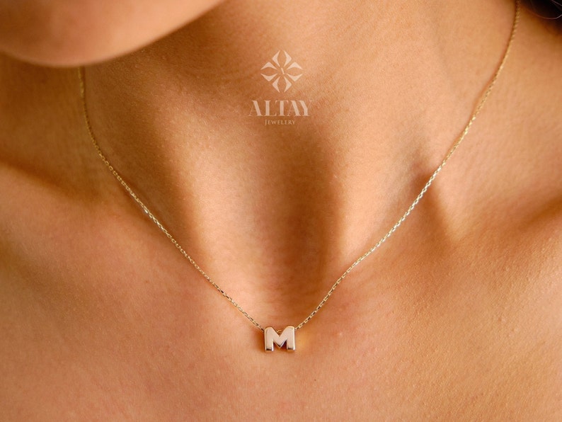 14K Solid Gold Initial Necklace, Letter Pendant Choker, Minimal Letter Charm, Name Necklace, Dainty Personalized Pendant, Gift For her image 1