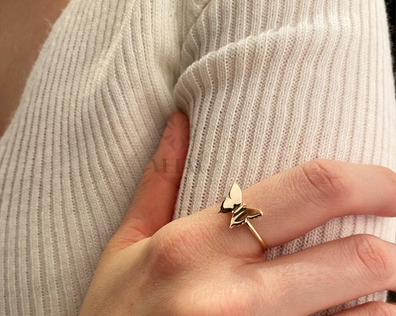 14K Gold Butterfly Ring, Tiny Princess Ring, Delicate Stacking Ring, Good Luck Gift, Animal Jewelry, Birthday For Mom, Valentines Day