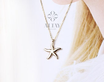 14K Gold Starfish Necklace, Tiny Starfish Pendant, Gold Starfish Charm,Star Sign Necklace, Delicate Starfish Choker, Beach Jewelry