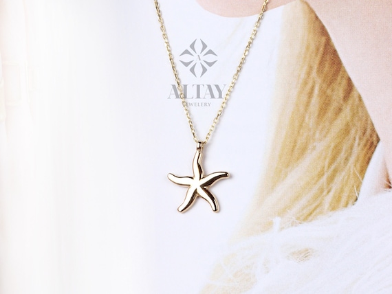 14K Gold Starfish Necklace, Tiny Starfish Pendant, Gold Starfish Charm,Star Sign Necklace, Delicate Starfish Choker, Beach Jewelry