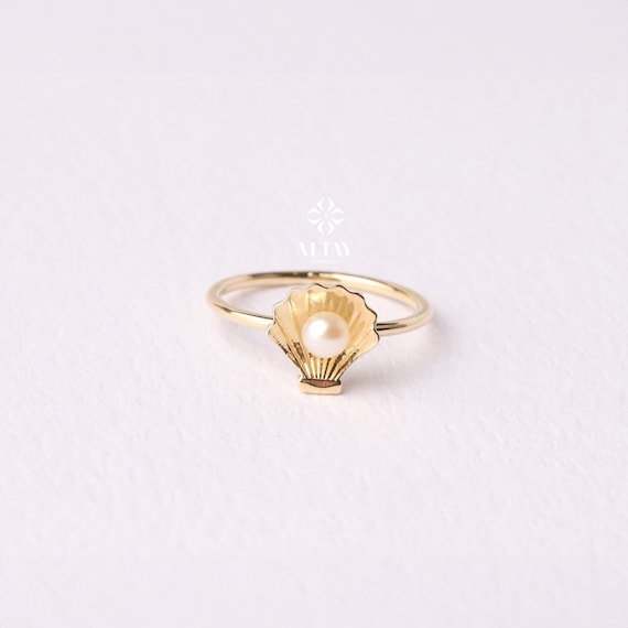 14K Gold Oyster Shell Ring, Seashell Pearl Ring, Nautical Symbol Ring,  Best Friends Gift, Good Luck ring, Valentines Unique Gift for Her