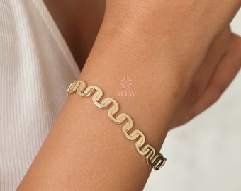 14K Gold Wave Bangle Bracelet, Wave Cuff Bracelet, Twisted Wire Stacking Bracelet, Personalized Graduation Gift, Zig Zag Geometric Bangle