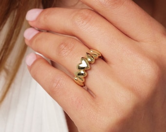 14K Gold Heart Ring, Puffy Heart Love Ring, Multi Heart Band Ring, Small Promise Ring, Dainty Stacking Gold Ring, Wedding Ring, Gift For Her