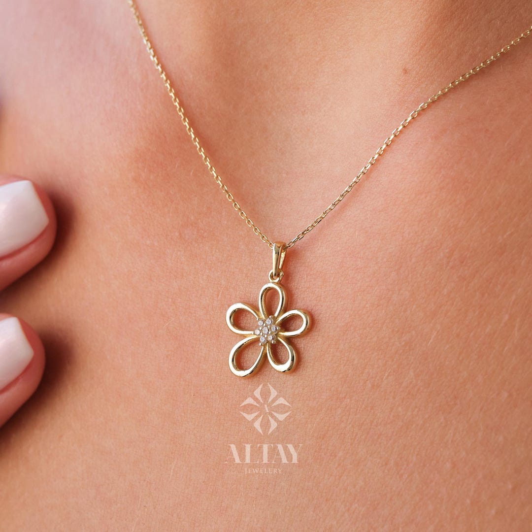 14K Gold Daisy Pendant, Gold Cz Diamond Flower Necklace, Charm