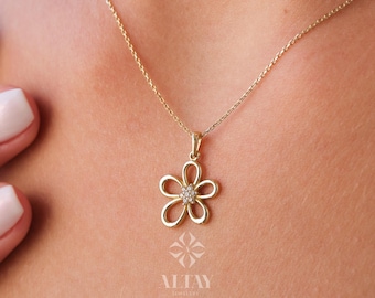 14K Gold Daisy Pendant, Gold Cz Diamond Flower Necklace, Charm Choker, Gift for Her, Daisy Charm, Dainty Everyday Daisy Jewelry