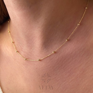 14K Gold Satellite Necklace, Beaded Necklace, Ball Chain Choker, Dainty Bead Chain Necklace, Station Necklace, Layering Gold Chain Necklace