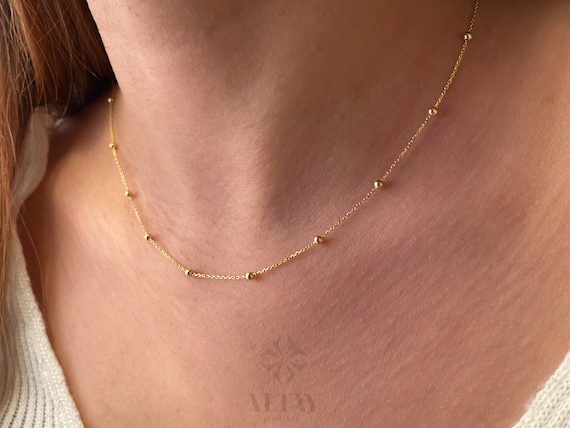 14K Gold Satellite Necklace, Beaded Necklace, Ball Chain Choker, Dainty Bead Chain Necklace, Station Necklace, Layering Gold Chain Necklace