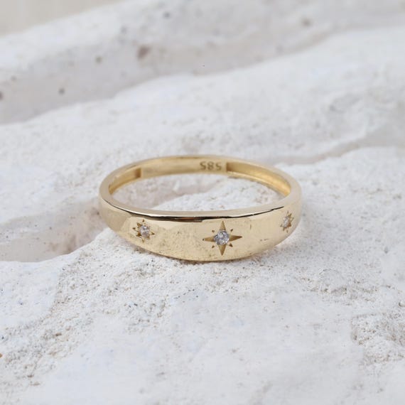 14K Gold North Star Ring, Gold Polar Star Band, Gold Cz Diamond Star Ring, Astrology Starburst Ring, Luck Star Ring, Celestial Pinky Ring