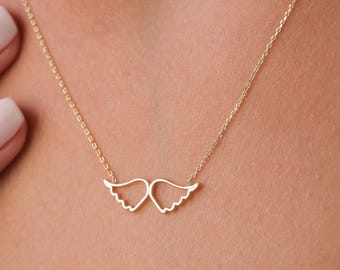 14K Gold Angel Wings Necklace, Open Wing Heart Pendant, Minimal Real Gold Necklace, Symbolic Love Jewelry, Meaningful Gift for Her