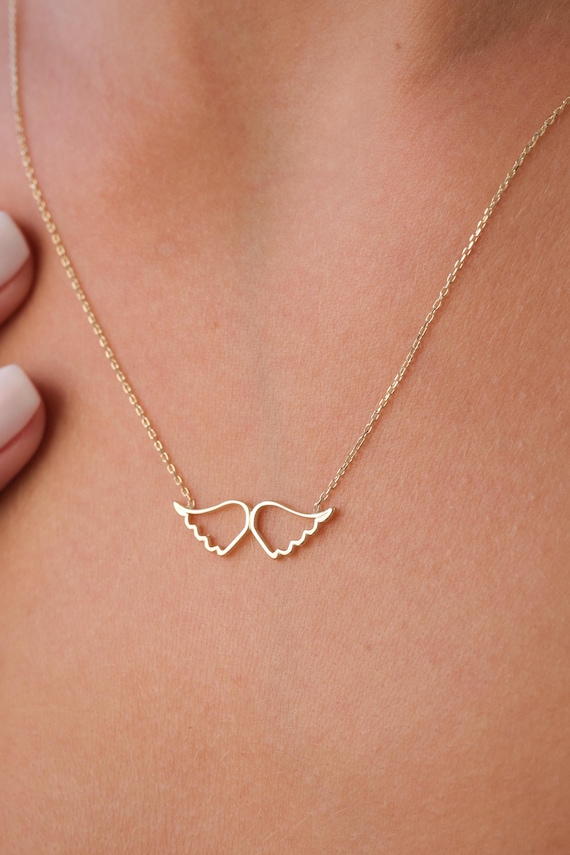 14K Gold Angel Wings Necklace, Open Wing Heart Pendant, Minimal Real Gold Necklace, Symbolic Love Jewelry, Meaningful Gift for Her