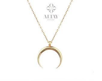 14K Horn Necklace, Solid Gold Moon Necklace, Crescent Moon Pendant, Tiny Celestial Charm, Dainty Stackable Gold Pendants