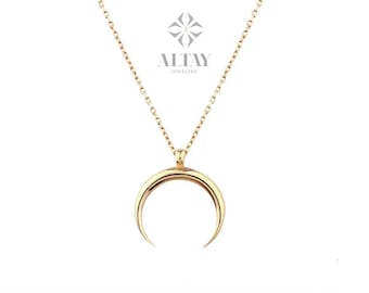 14K Horn Necklace, Solid Gold Moon Necklace, Crescent Moon Pendant, Tiny Celestial Charm, Dainty Stackable Gold Pendants