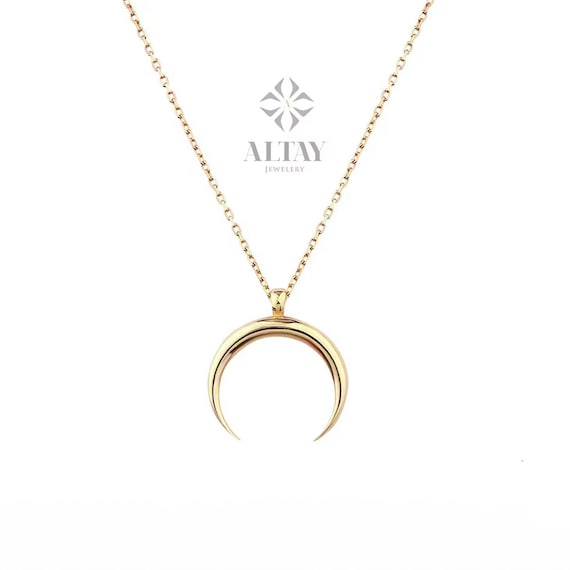 14K Horn Necklace, Solid Gold Moon Necklace, Crescent Moon Pendant, Tiny Celestial Charm, Dainty Stackable Gold Pendants