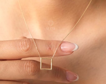 14K Gold Open Square Necklace, Small Square Pendant, Square Charm Choker, Family Necklace, Mini Kite Necklace, Layering Charm Necklace