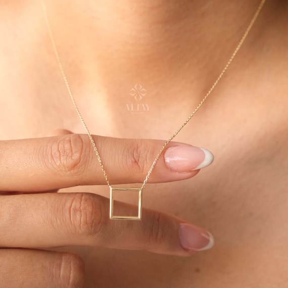 14K Gold Open Square Necklace, Small Square Pendant, Square Charm Choker, Family Necklace, Mini Kite Necklace, Layering Charm Necklace