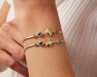 14K Gold Snake Chain Heart Star Bracelet, 2.5mm Herringbone Bracelet, Puffy Heart Gold Charm Bracelet, Handmade Evil Eye Star Bracelet