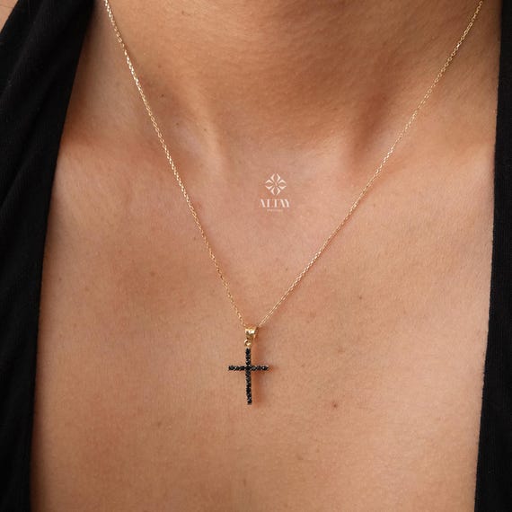 14K Gold Black Cross Necklace, Dainty Black Stone Cross Pendant, Real Gold Religious Necklace, Simple Faith Jewelry, Gift for Her