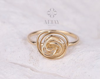 14K Gold Spiral Ring, Wire Rose Flower Ring, Swirl Rose Ring, Wrapped Wire Rose Band, Thin Wire Gold Ring, Handmade Stackable Ring