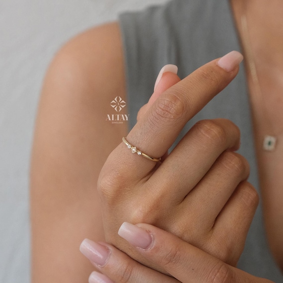 14K Gold 3 Stone CZ Diamond Wedding Ring, Plain Band, Promise Anniversary Ring, Bridal Ring, Three Stone Stacking Ring, Dainty Wedding Ring