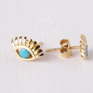 14K Gold Evil Eye Stud Earrings, Tiny Eye Lashes Stud, Minimalist Dainty Earrings, Sparkling Stud Earrings, Lucky Eye Turquoise Studs