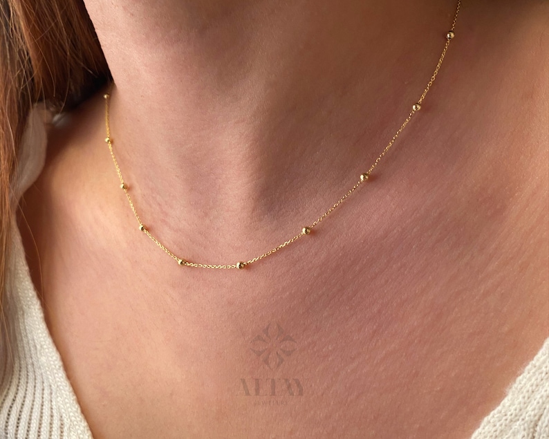 14K Gold Bead Chain Necklace, Mini Balls Necklace, Multi balls Chain Necklace, Minimalist Fashion Necklace, Delicate Modern, Gift For Her image 2