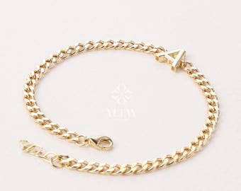 14K Gold Cuban Link Initial Bracelet, 3.5 mm Curb Letter Chain, Custom Miami Cuban Bold Link, Personalized Bracelet, Name Gift For Her Men