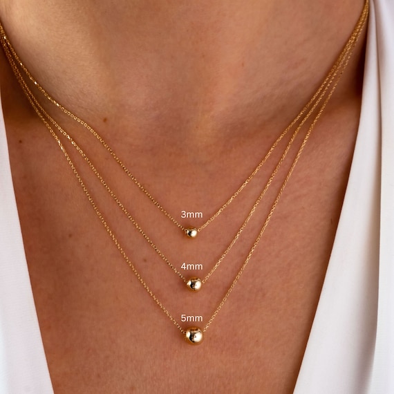 14K Gold Ball Necklace, 3 4 5 mm Gold Ball Necklace, Gold Sphere Necklace, Round Bead Floating Necklace, Dainty Gold Tiny Bead Necklace