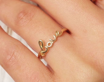 14K Gold Love Ring, Cursive Love Word Signet Ring, Stackable Love Ring, Dainty Script Love Ring, Love Engraved Gold Ring, Engagement Ring