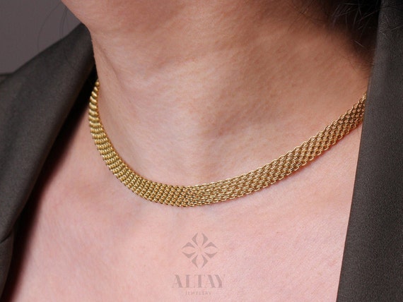 14K Gold Bismark Necklace, 4.4 mm Curb Chain Choker, Herringbone Stack Link Charm, Braided Bismarck Christmas Valentine's Day Gift For Her