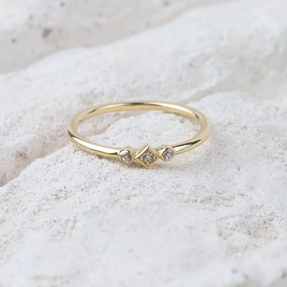 14K Gold 3 Stone CZ Diamond Wedding Ring, Plain Band, Promise Anniversary Ring, Bridal Ring, Three Stone Stacking Ring, Dainty Wedding Band
